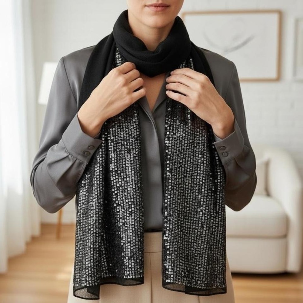 Dylan Black 100% Wool Sequin Scarf Silver Embellished Lightweight Evening Wrap
